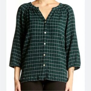 J. Jill plaid 3/4 length sleeve v neck button down top. Dark green. Classic. PXL